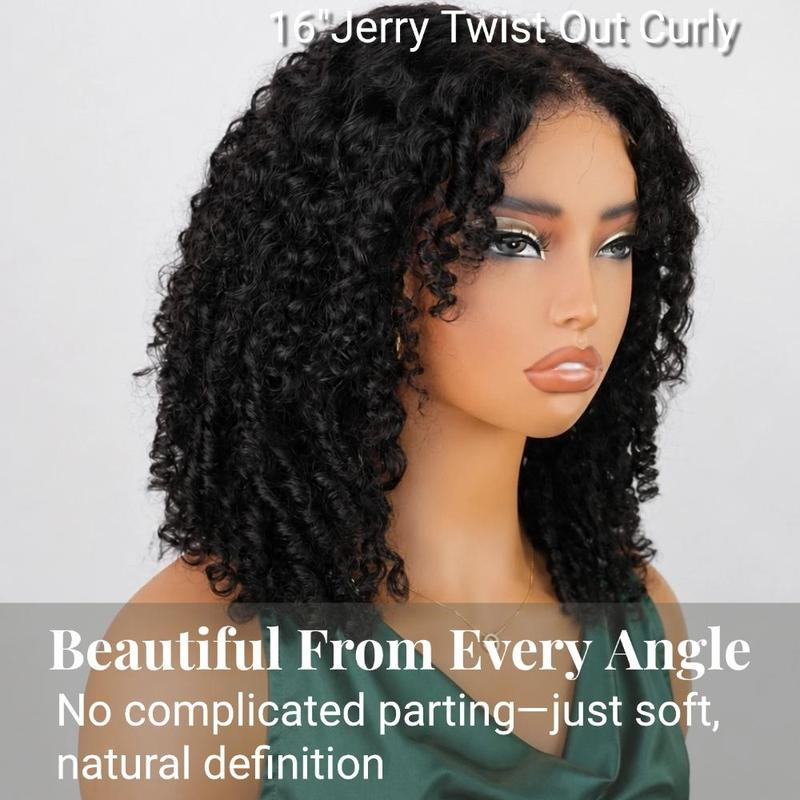 [Burmese Jerry Twist Out Glueless Wig] Menglle Glueless Wear Go 7x6 Burmese Jerry Curly Twist Out Human Hair Wig 220% Density Pre-Defined Curls Bounce Ends And Layered Twist-Out Design Beginner Friendly Wig Natural Black Color