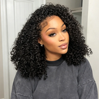 Kinky Curly Half Wig Human Hair 3 In 1 Half Wig Wear and Go Drawstring Glueless Human Hair Wigs for Women Beginner Friendly Natural Black