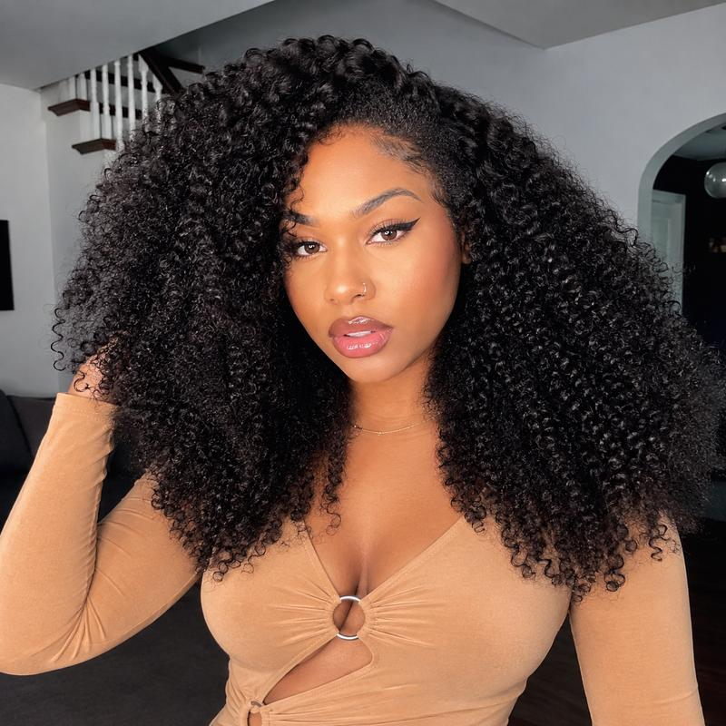 Kinky Curly Half Wig Human Hair 3 In 1 Half Wig Wear and Go Drawstring Glueless Human Hair Wigs for Women Beginner Friendly Natural Black