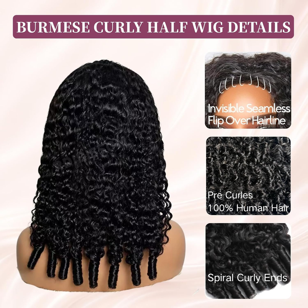 Burmese Curly Half Wig Human Hair Glueless Wear & Go Drawstring Wig with Spiral Curls End 3 In 1 Seamless Flip Over Half Wig 180% Density Beginner Friendly Natural Color Wig for Black Women