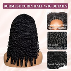 Burmese Curly Half Wig Human Hair Glueless Wear & Go Drawstring Wig with Spiral Curls End 3 In 1 Seamless Flip Over Half Wig 180% Density Beginner Friendly Natural Color Wig for Black Women