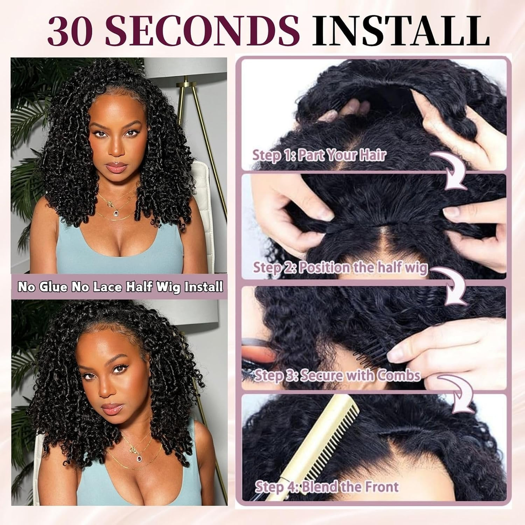 Burmese Curly Half Wig Human Hair Glueless Wear & Go Drawstring Wig with Spiral Curls End 3 In 1 Seamless Flip Over Half Wig 180% Density Beginner Friendly Natural Color Wig for Black Women