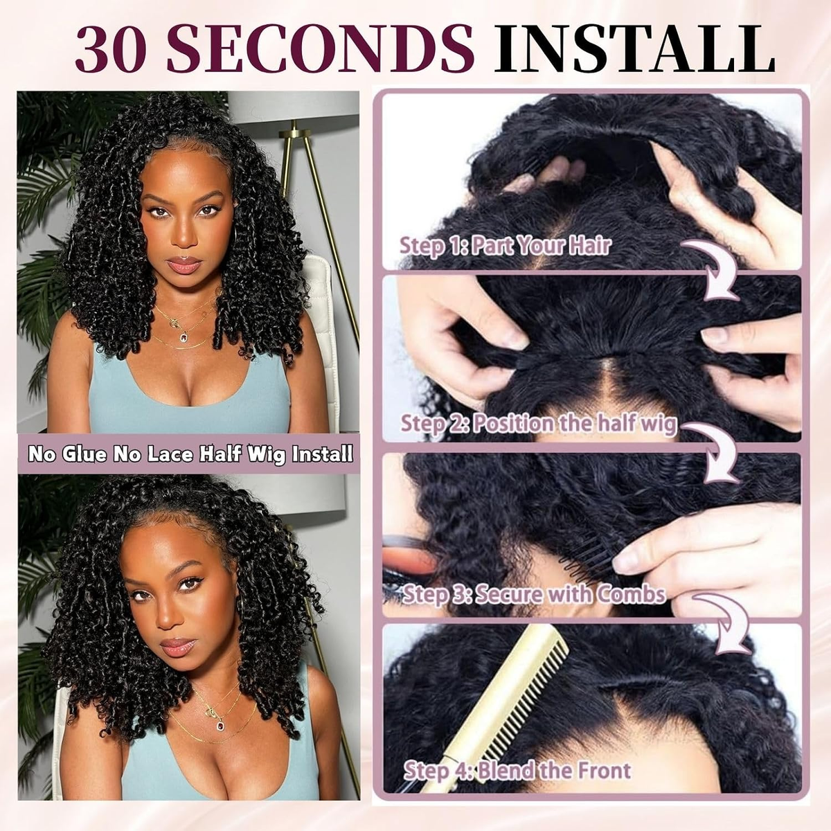 Burmese Curly Half Wig Human Hair Glueless Wear & Go Drawstring Wig with Spiral Curls End 3 In 1 Seamless Flip Over Half Wig 180% Density Beginner Friendly Natural Color Wig for Black Women