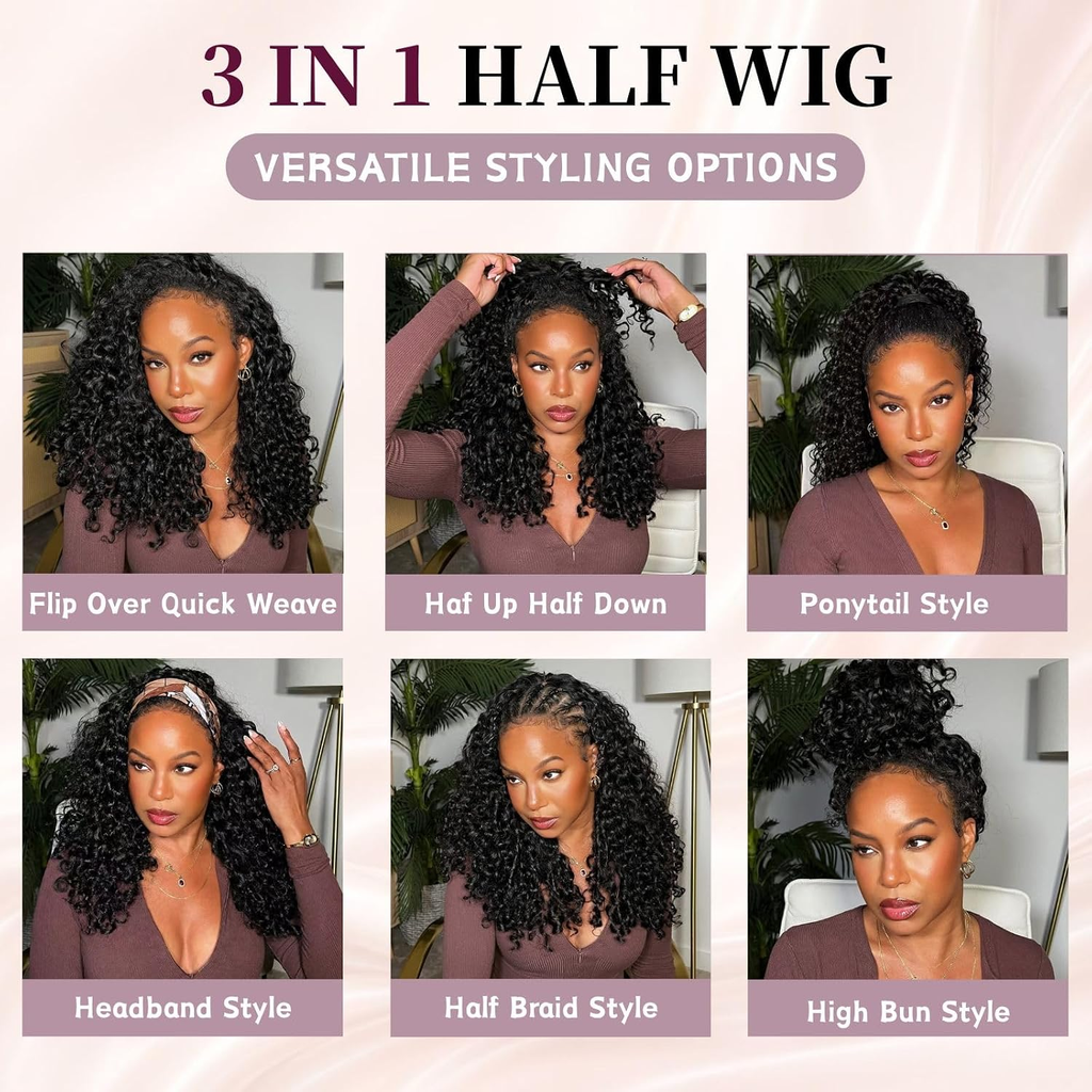 Burmese Curly Half Wig Human Hair Glueless Wear & Go Drawstring Wig with Spiral Curls End 3 In 1 Seamless Flip Over Half Wig 180% Density Beginner Friendly Natural Color Wig for Black Women