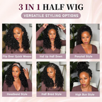 Burmese Curly Half Wig Human Hair Glueless Wear & Go Drawstring Wig with Spiral Curls End 3 In 1 Seamless Flip Over Half Wig 180% Density Beginner Friendly Natural Color Wig for Black Women