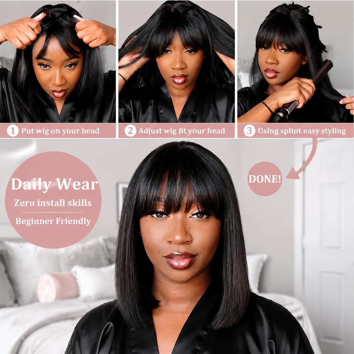 Straight Bangs Bob Wig Human Hair Short Natural Black Ready to Wear and Go Bob Wigs with Bangs Beginner Friendly 100% Human Hair