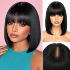 Straight Bangs Bob Wig Human Hair Short Natural Black Ready to Wear and Go Bob Wigs with Bangs Beginner Friendly 100% Human Hair