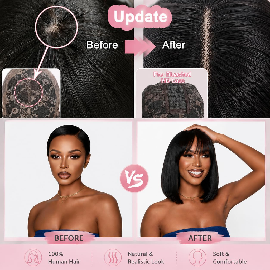 Straight Bangs Bob Wig Human Hair Short Natural Black Ready to Wear and Go Bob Wigs with Bangs Beginner Friendly 100% Human Hair