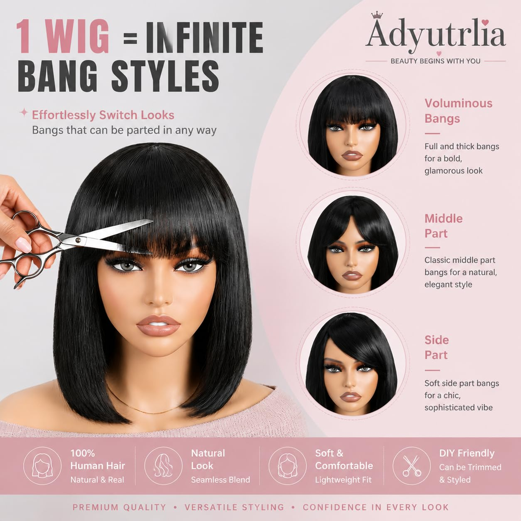 Straight Bangs Bob Wig Human Hair Short Natural Black Ready to Wear and Go Bob Wigs with Bangs Beginner Friendly 100% Human Hair