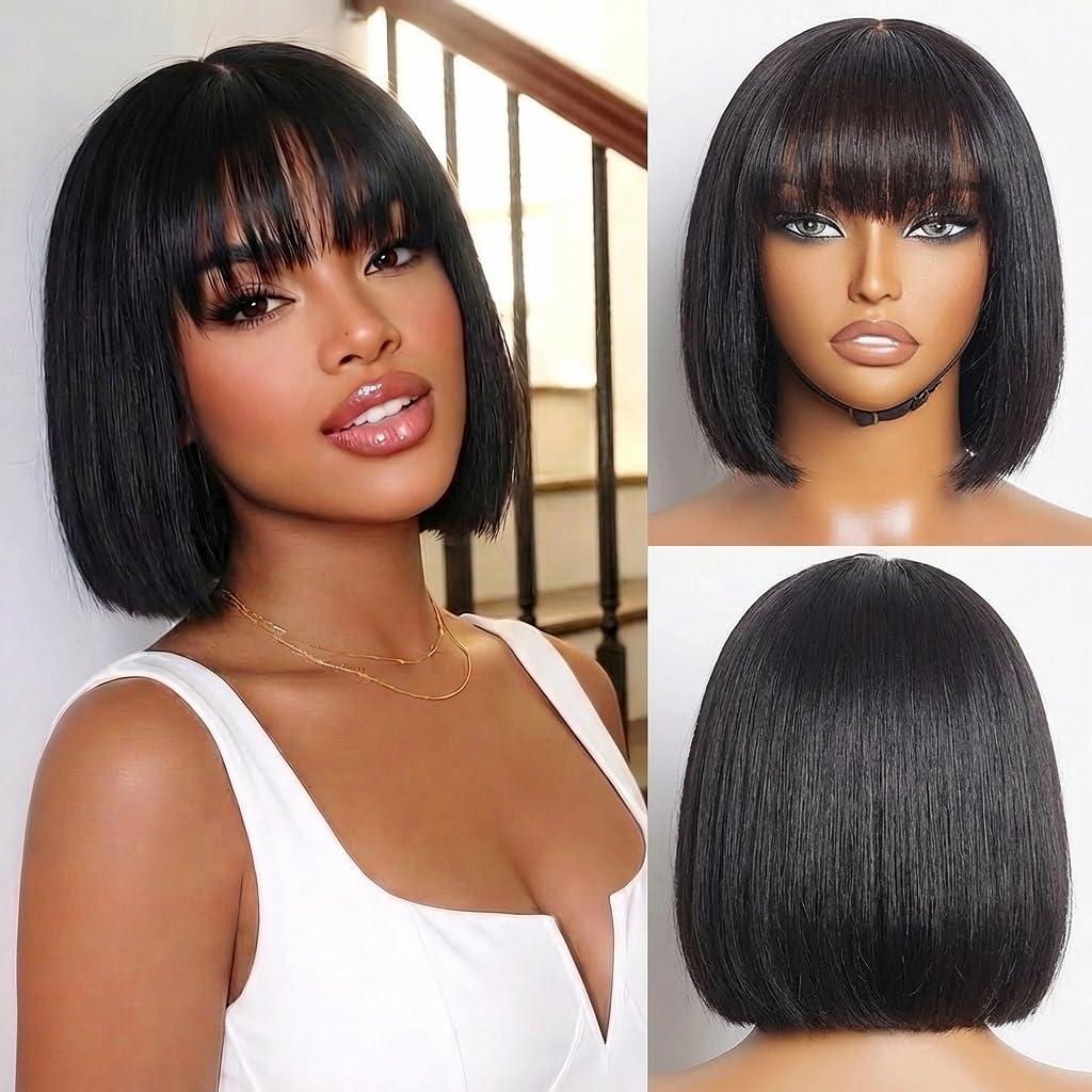 Straight Bangs Bob Wig Human Hair Short Natural Black Ready to Wear and Go Bob Wigs with Bangs Beginner Friendly 100% Human Hair