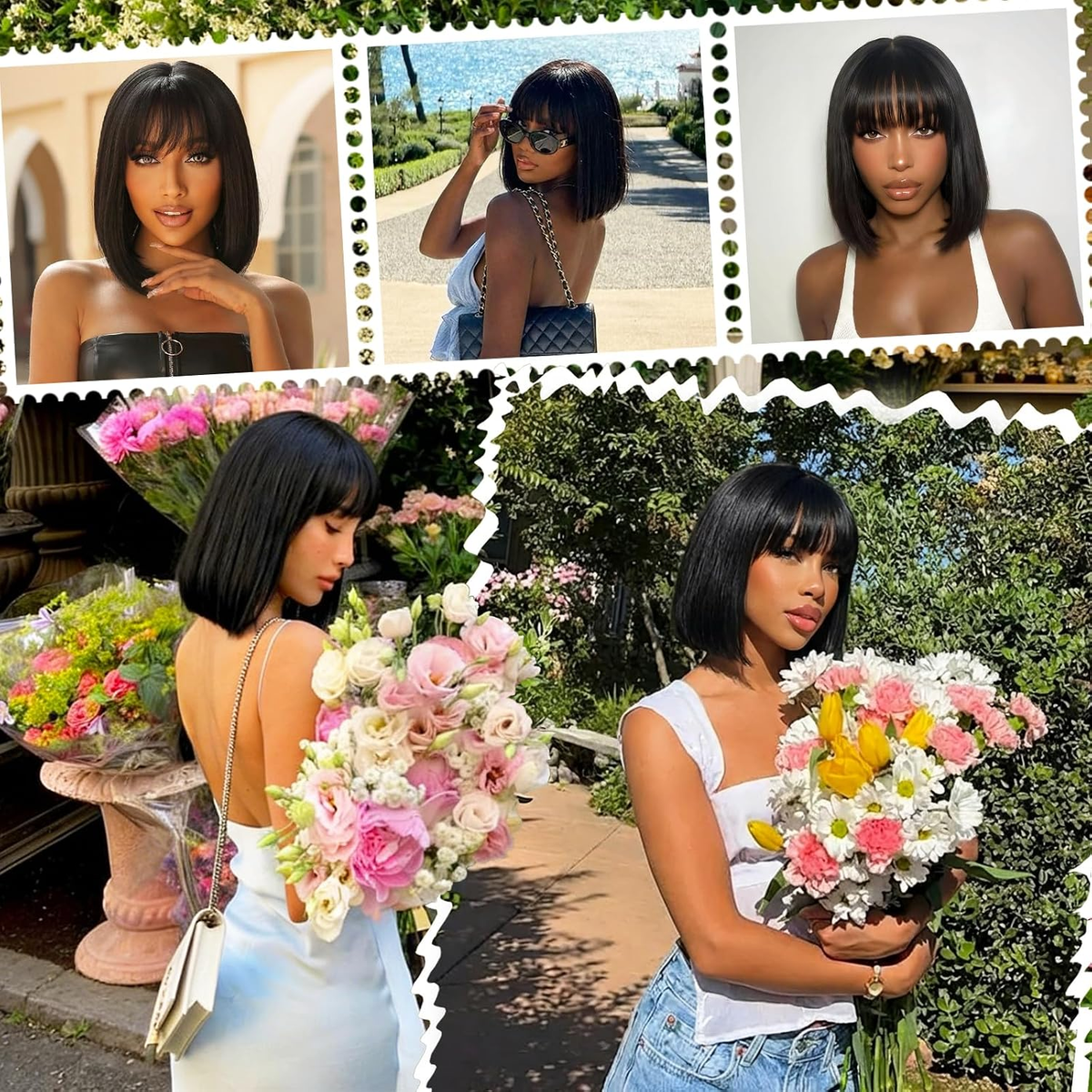 Straight Bangs Bob Wig Human Hair Short Natural Black Ready to Wear and Go Bob Wigs with Bangs Beginner Friendly 100% Human Hair