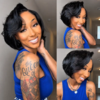 Side Part Bob Wig Human Hair 7x6 Glueless Wear and Go Pixie Cut Lace Front Wig 200% Density Natural Color 8 Inch