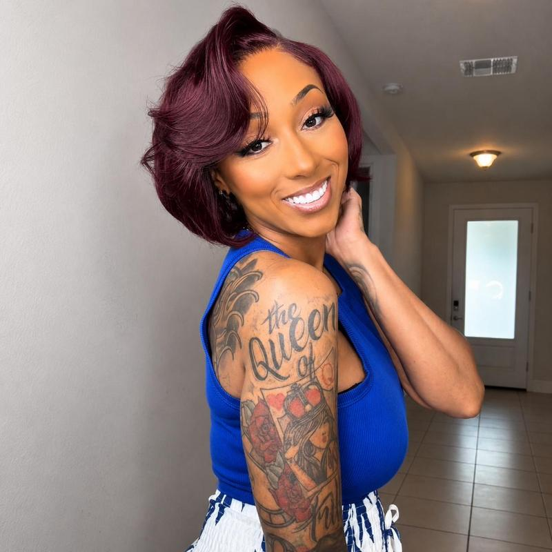 Side Part Bob Wig Human Hair 7x6 Glueless Wear and Go Pixie Cut Lace Front Wig 200% Density Natural Color 8 Inch