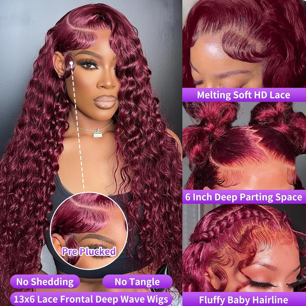 99J Burgundy Wig Human Hair 13x6 Deep Wave Lace Front Wigs Human Hair Pre-Plucked 99J Wine Red Colored Curly Human Hair Lace Frontal Wigs for Women