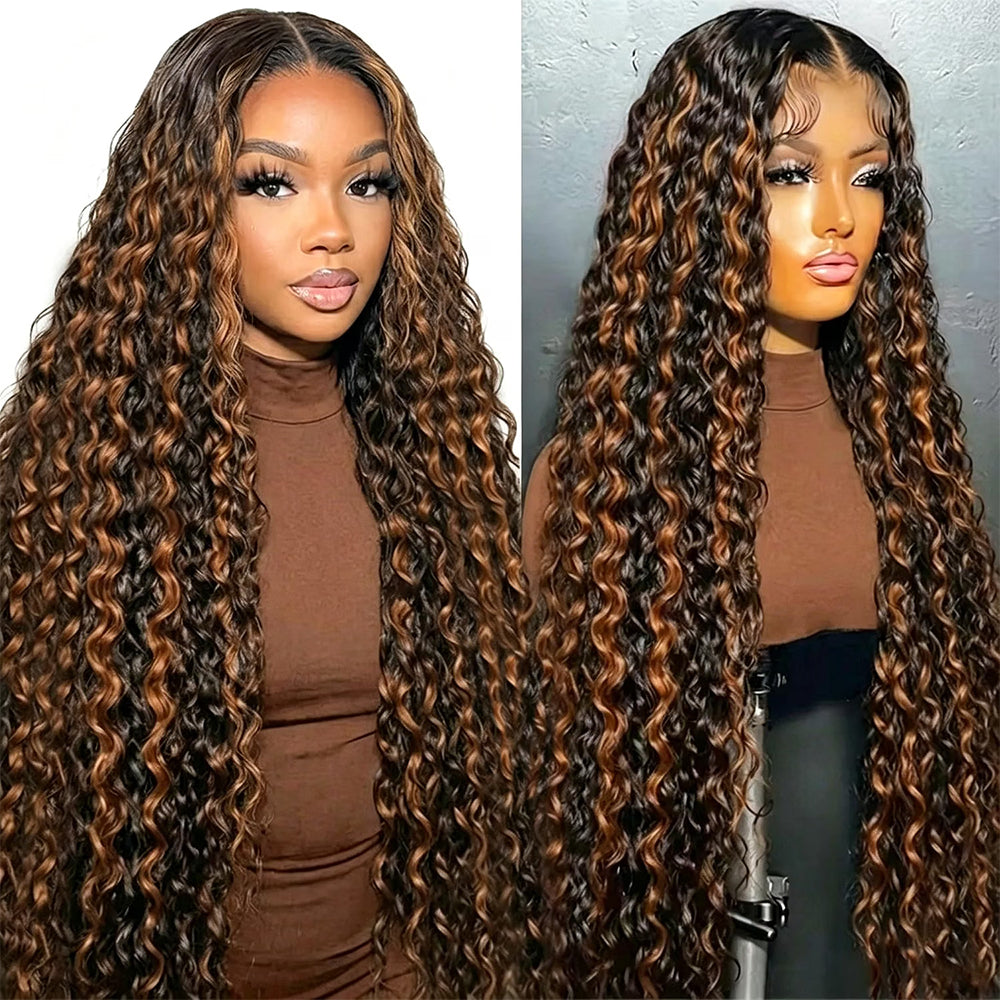 1B/30 Highlight Curly Wave 13x6 Lace Front Wigs Human Hair Pre Plucked with Baby Hair Highlighted Balayage Ombre Wig 100% Human Hair 180% Density