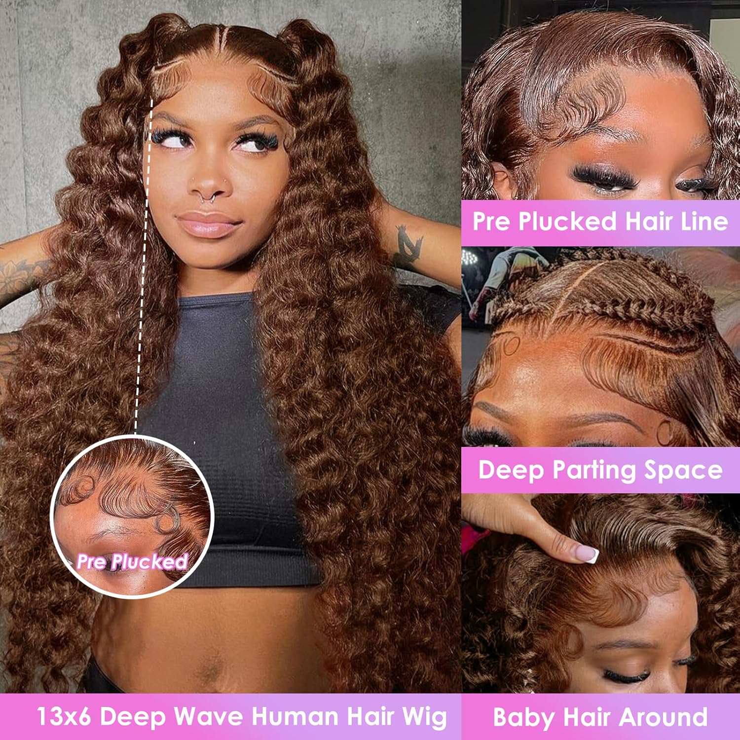 Chocolate Brown Deep Wave 13X6 Lace Front Wigs Human Hair 200% Density 13x6 HD Lace Frontal Wigs Curly Human Hair Brown Glueless Wig For Women Pre Plucked with Natural Hairline