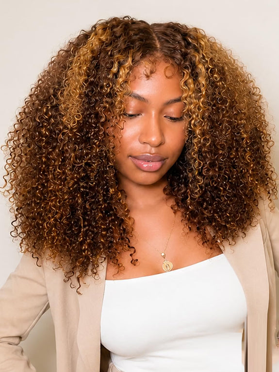 Kinky Curly 4/27 Highlight 4C Baby Hair 7x6 Pre Cut Glueless Lace Closure Wig Honey Blonde Wear and Go Glueless 180% Density Human Hair Wigs Beginner Friendly
