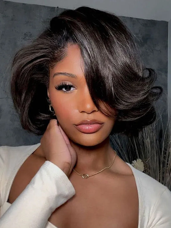 Side Part Bob Wig Human Hair 7x6 Glueless Wear and Go Pixie Cut Lace Front Wig 200% Density Natural Color 8 Inch
