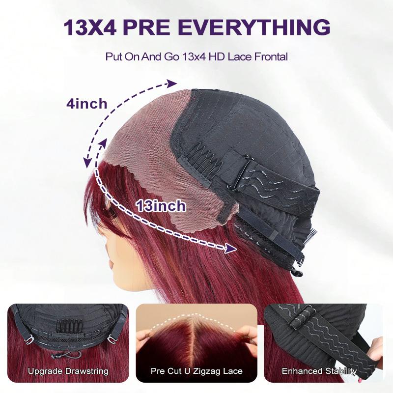 Menglle Hair 99j/highlight 13x4 Long Straight With Bangs Glueless Human Hair Lace Front Wig Burgundy Silky Straight Lace Wig Easy Wear 180% Density Red Wine Color
