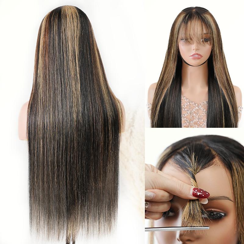 Menglle Hair 99j/highlight 13x4 Long Straight With Bangs Glueless Human Hair Lace Front Wig Burgundy Silky Straight Lace Wig Easy Wear 180% Density Red Wine Color