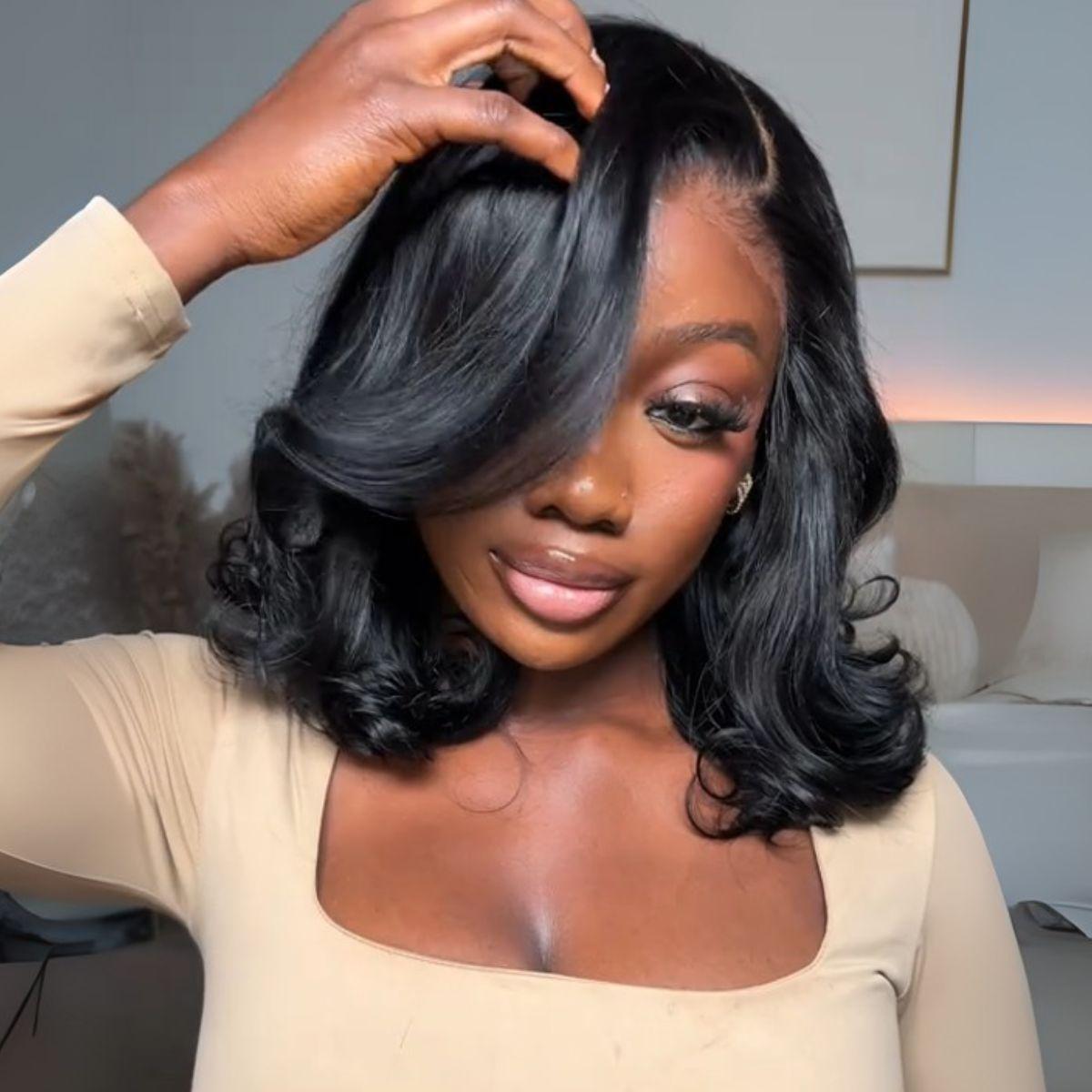 [Upgraded 7x6 Lace] Menglle Hair Side Part Glueless Layered Cut Loose Wave 7×6 Pre Cut Lace Human Hair Wigs Shoulder Length Short Bob Wig Pre Hair styled#springfresh#GiftedInLove