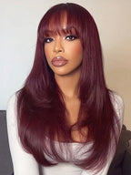 Menglle Hair 99j/highlight 13x4 Long Straight With Bangs Glueless Human Hair Lace Front Wig Burgundy Silky Straight Lace Wig Easy Wear 180% Density Red Wine Color