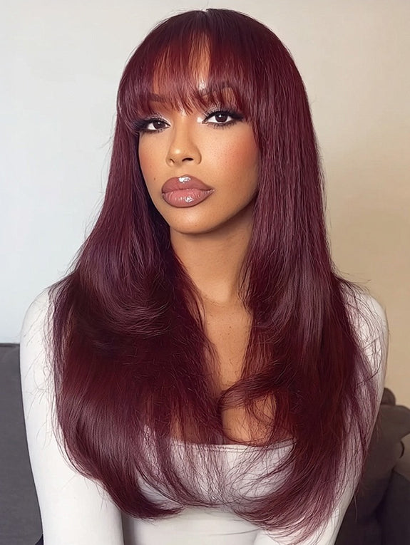 Menglle Hair 99j/highlight 13x4 Long Straight With Bangs Glueless Human Hair Lace Front Wig Burgundy Silky Straight Lace Wig Easy Wear 180% Density Red Wine Color