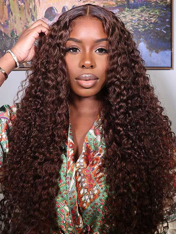 Chocolate Brown Deep Wave 13X6 Lace Front Wigs Human Hair 200% Density 13x6 HD Lace Frontal Wigs Curly Human Hair Brown Glueless Wig For Women Pre Plucked with Natural Hairline