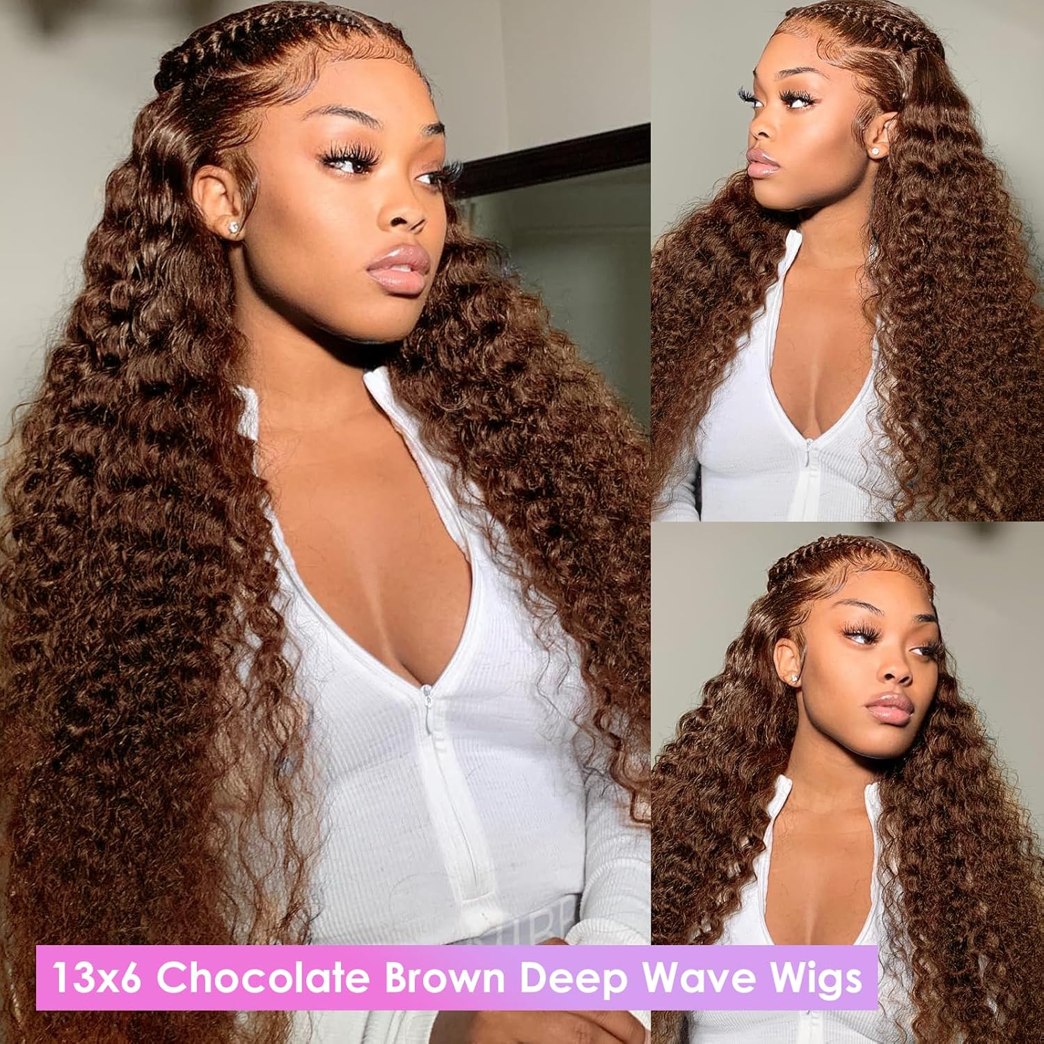 Chocolate Brown Deep Wave 13X6 Lace Front Wigs Human Hair 200% Density 13x6 HD Lace Frontal Wigs Curly Human Hair Brown Glueless Wig For Women Pre Plucked with Natural Hairline