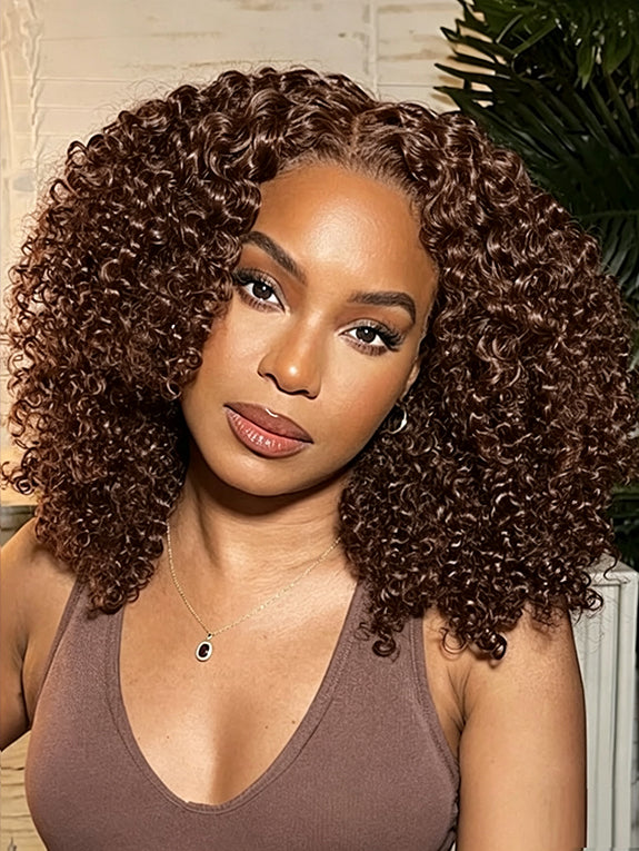 Kinky Curly 4C Baby Hair 7x6 Pre Cut Glueless Lace Closure Wig #4 Brown Color Wear and Go Glueless 180%/250% Density Human Hair Wigs Beginner Friendly