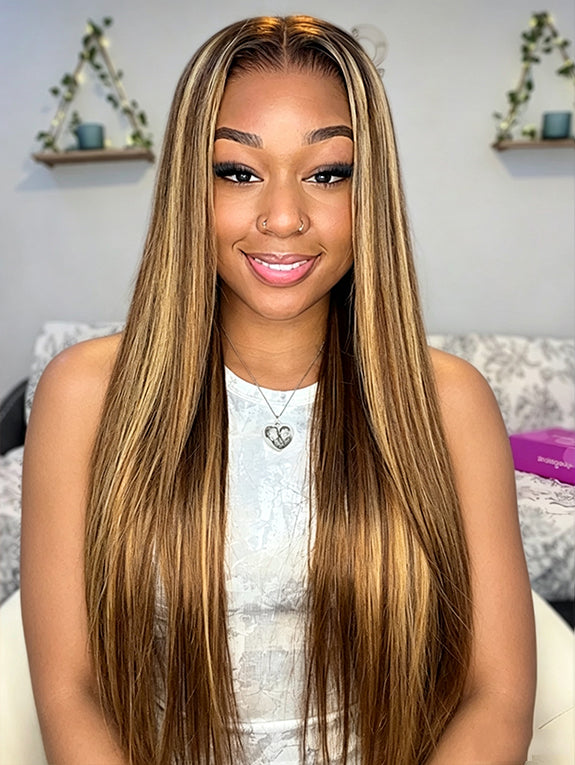 4/27 Highlight Ombre Straight Human Hair Honey Blonde 13x4 HD Lace Front Human Hair Wigs Pre Plucked with Baby Hair P4/27 Color 180% Density Straight Wig