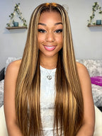 4/27 Highlight Ombre Straight Human Hair Honey Blonde 13x4 HD Lace Front Human Hair Wigs Pre Plucked with Baby Hair P4/27 Color 180% Density Straight Wig