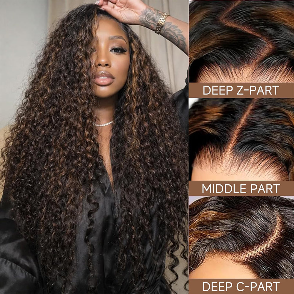 1B/30 Highlight Curly Wave 13x6 Lace Front Wigs Human Hair Pre Plucked with Baby Hair Highlighted Balayage Ombre Wig 100% Human Hair 180% Density