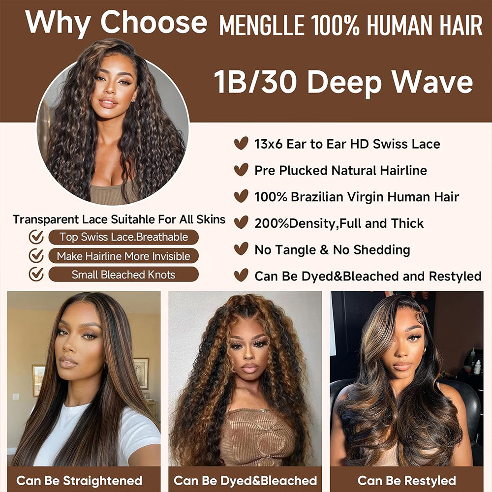 1B/30 Highlight Curly Wave 13x6 Lace Front Wigs Human Hair Pre Plucked with Baby Hair Highlighted Balayage Ombre Wig 100% Human Hair 180% Density