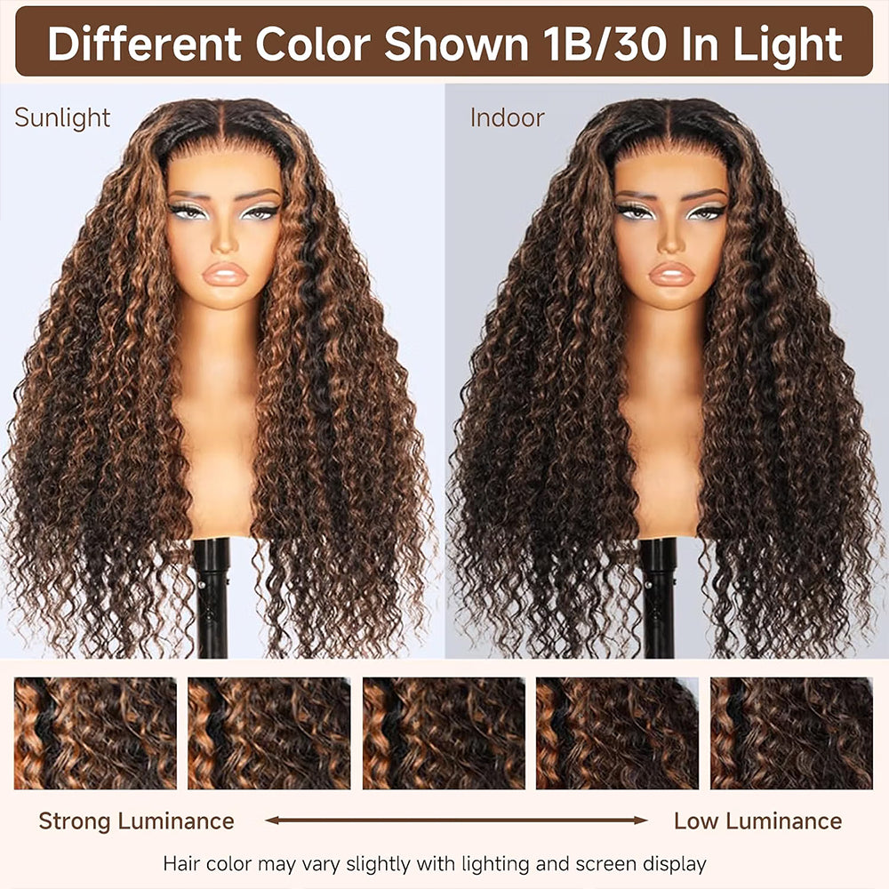 1B/30 Highlight Curly Wave 13x6 Lace Front Wigs Human Hair Pre Plucked with Baby Hair Highlighted Balayage Ombre Wig 100% Human Hair 180% Density