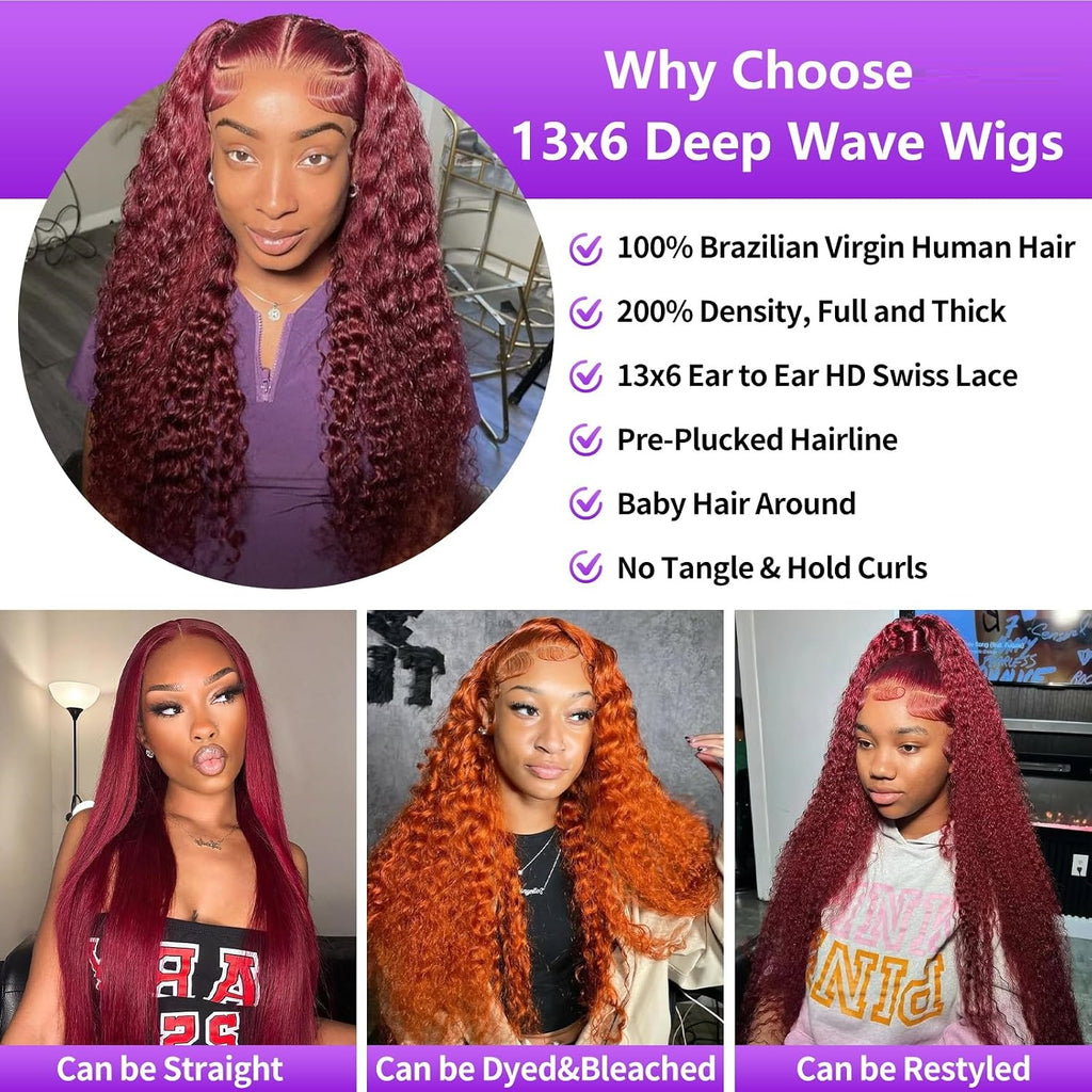 99J Burgundy Wig Human Hair 13x6 Deep Wave Lace Front Wigs Human Hair Pre-Plucked 99J Wine Red Colored Curly Human Hair Lace Frontal Wigs for Women