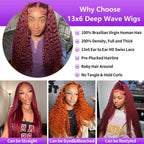 99J Burgundy Wig Human Hair 13x6 Deep Wave Lace Front Wigs Human Hair Pre-Plucked 99J Wine Red Colored Curly Human Hair Lace Frontal Wigs for Women