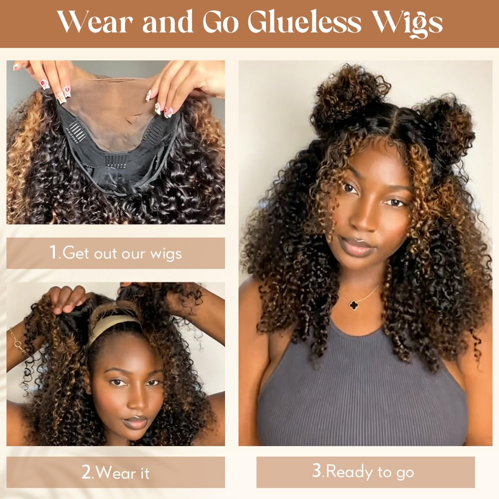 1B/30 Highlight Kinky Curly 7x6 Pre Cut Lace Glueless Wig 4C Baby Hair Wear and Go Wig 180% Density Human Hair Wigs Beginner Friendly
