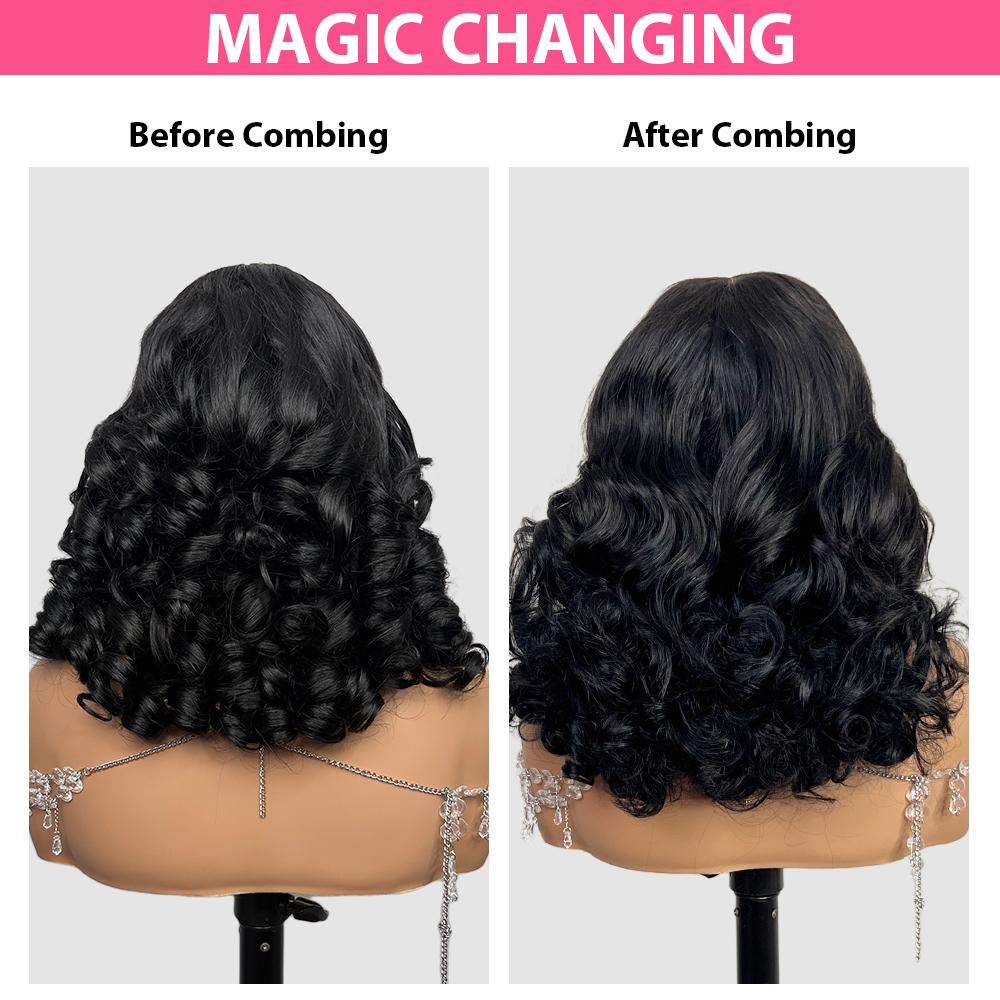 Menglle Hair 220% Density Bouncy Wave Blow Out 7x6 Pre-Cut Lace Closure Wig Spiral Curl Glue-On Human Hair Glueless Wigs With Middle Part 90s Style