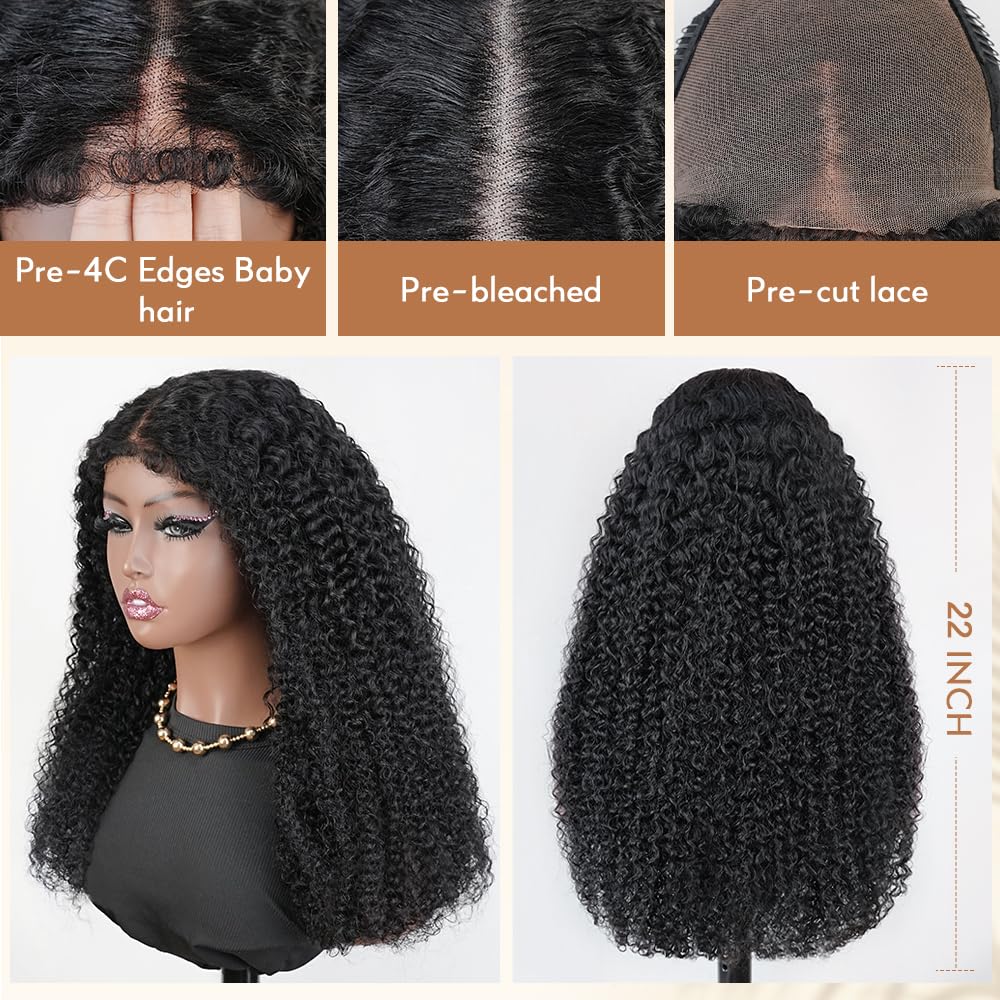 4c Baby Hair Glueless 7x6 Closure Pre-Cut Lace Kinky Curly Wig Drawstring Cap Beginner Friendly 200% Density