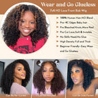 1B/30 Highlight Kinky Curly 7x6 Pre Cut Lace Glueless Wig 4C Baby Hair Wear and Go Wig 180% Density Human Hair Wigs Beginner Friendly