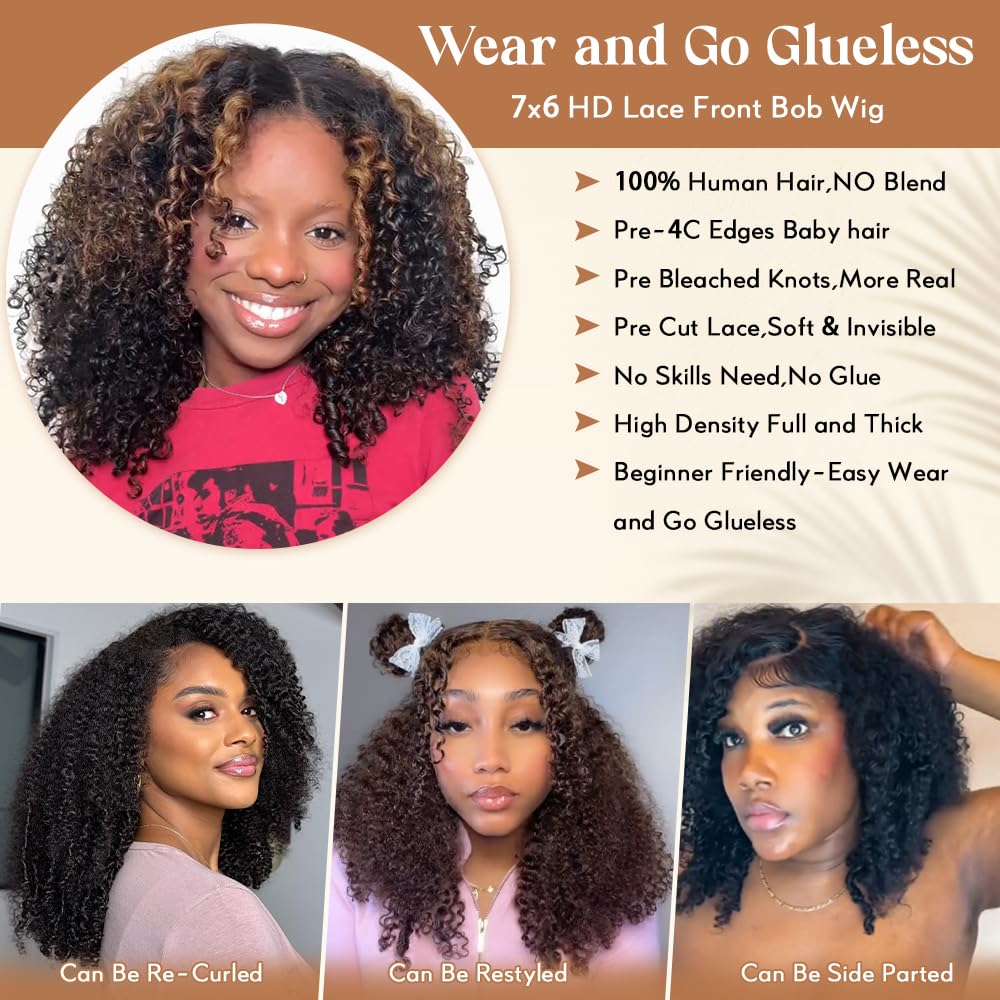 1B/30 Highlight Kinky Curly 7x6 Pre Cut Lace Glueless Wig 4C Baby Hair Wear and Go Wig 180% Density Human Hair Wigs Beginner Friendly