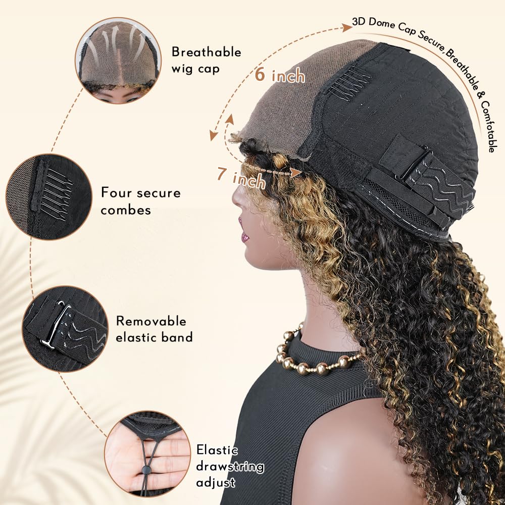 1B/30 Highlight Kinky Curly 7x6 Pre Cut Lace Glueless Wig 4C Baby Hair Wear and Go Wig 180% Density Human Hair Wigs Beginner Friendly