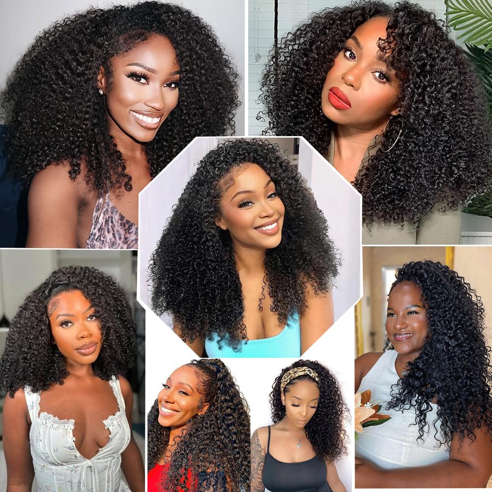 Kinky Curly Half Wig Human Hair 3 In 1 Half Wig Wear and Go Drawstring Glueless Human Hair Wigs for Women Beginner Friendly Natural Black