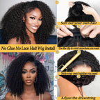Kinky Curly Half Wig Human Hair 3 In 1 Half Wig Wear and Go Drawstring Glueless Human Hair Wigs for Women Beginner Friendly Natural Black