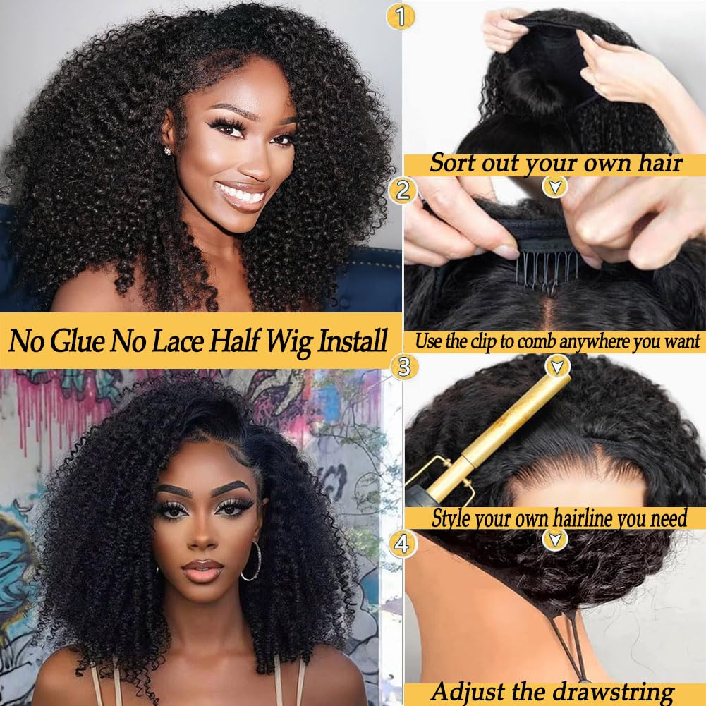 Kinky Curly Half Wig Human Hair 3 In 1 Half Wig Wear and Go Drawstring Glueless Human Hair Wigs for Women Beginner Friendly Natural Black