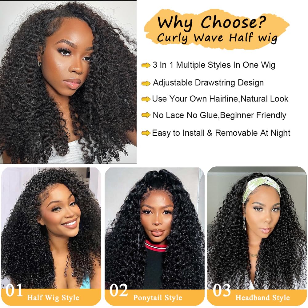 Kinky Curly Half Wig Human Hair 3 In 1 Half Wig Wear and Go Drawstring Glueless Human Hair Wigs for Women Beginner Friendly Natural Black
