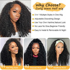 Kinky Curly Half Wig Human Hair 3 In 1 Half Wig Wear and Go Drawstring Glueless Human Hair Wigs for Women Beginner Friendly Natural Black