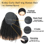 Kinky Curly Half Wig Human Hair 3 In 1 Half Wig Wear and Go Drawstring Glueless Human Hair Wigs for Women Beginner Friendly Natural Black