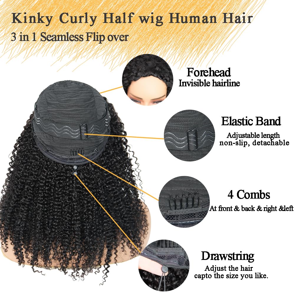 Kinky Curly Half Wig Human Hair 3 In 1 Half Wig Wear and Go Drawstring Glueless Human Hair Wigs for Women Beginner Friendly Natural Black